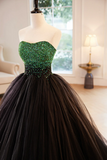 Black Strapless Tulle Long Prom Dress with Green Beaded, A Line Formal Dress PFP2571