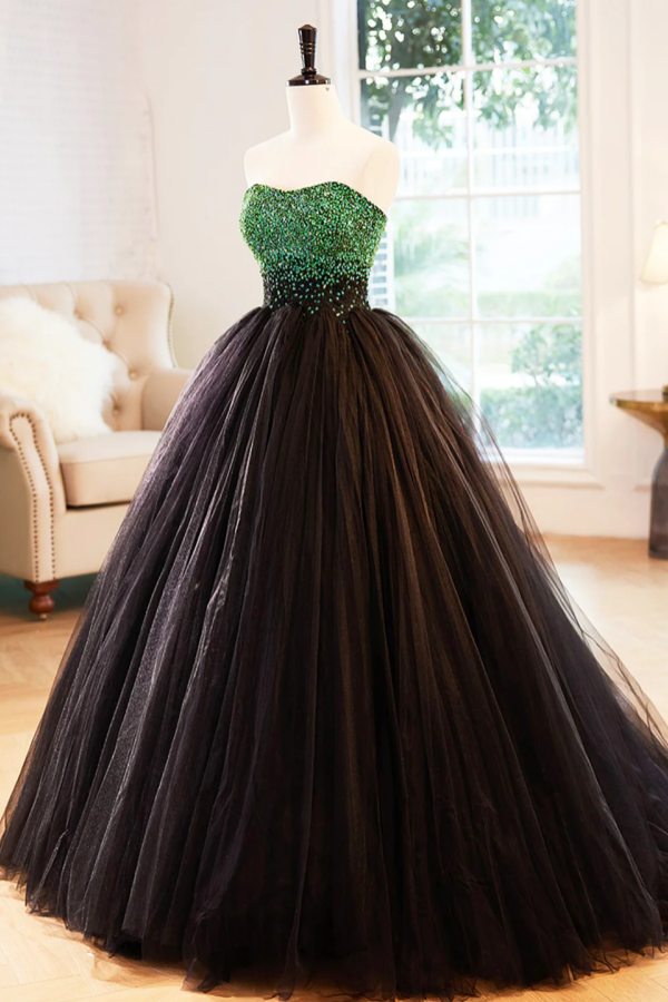 Black Strapless Tulle Long Prom Dress with Green Beaded, A Line Formal Promfast Black Strapless Tulle Long Prom Dress with Green Beaded, A Line Formal Promfast