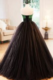 Black Strapless Tulle Long Prom Dress with Green Beaded, A Line Formal Dress PFP2571