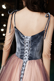 Cute Spaghetti Strap Velvet Tulle Long Prom Dress, A Line Evening Dress PFP2572
