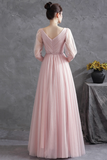 Pink Tulle V Neck Long Prom Dress, A Line 1/2 Sleeves Evening Dress PFP2573
