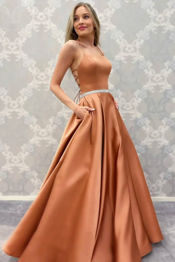 Orange Satin Long A Line Prom Dress, Spaghetti Strap Backless Evening Dress PFP2574