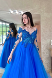 Blue Lace Long Sleeve Evening Dress, A Line Scoop Neckline Evening Dress PFP2575