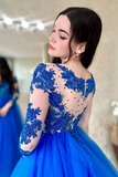 Blue Lace Long Sleeve Evening Dress, A Line Scoop Neckline Evening Dress PFP2575