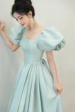 Light Green Satin Long A Line Prom Dress, Cute Short Sleeve Evening Dress PFP2576