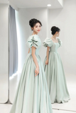 Light Green Satin Long A Line Prom Dress, Cute Short Sleeve Evening Dress PFP2576