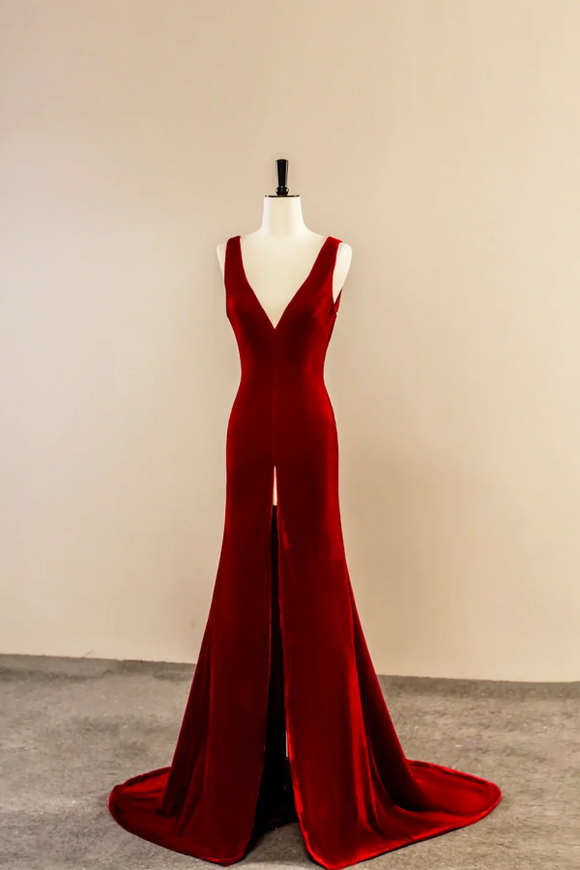 Burgundy V Neck Velvet Long Prom Dress, Simple Mermaid Backless Evenin Promfast Burgundy V Neck Velvet Long Prom Dress, Simple Mermaid Backless Evenin Promfast
