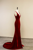 Burgundy V Neck Velvet Long Prom Dress, Simple Mermaid Backless Evening Dress PFP2577