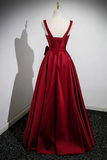 Burgundy Satin Long Prom Dress with Flowers, Elegant A Line Party Dress PFP2578