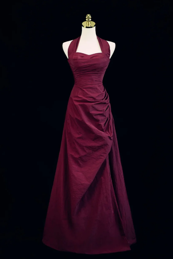 retro style prom dresses A Line Halter Vintage Style Prom Dress, Burgundy Long Evening Dress PF – Promfast