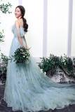 Blue Spaghetti Strap Tulle Long Prom Dress, A Line Blue Evening Dress PFP2582