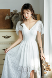White V Neck Lace High Low Prom Dress, White Evening Dress PFP2583