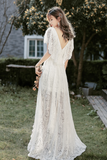 White V Neck Lace High Low Prom Dress, White Evening Dress PFP2583