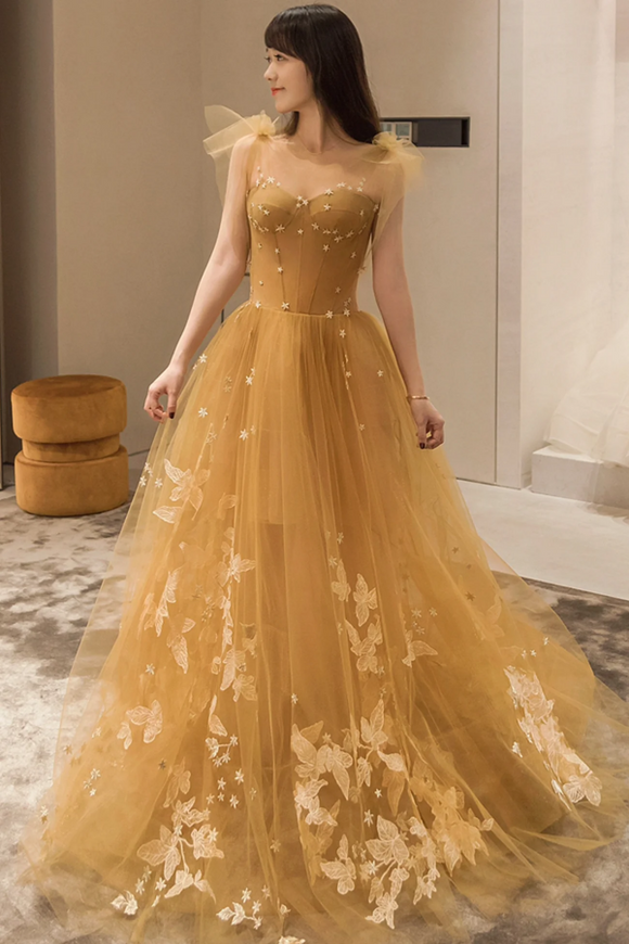Yellow Tulle Lace Long Prom Dresses, A Line Evening Gowns PFP2584