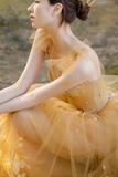 Yellow Tulle Lace Long Prom Dresses, A Line Evening Gowns PFP2584