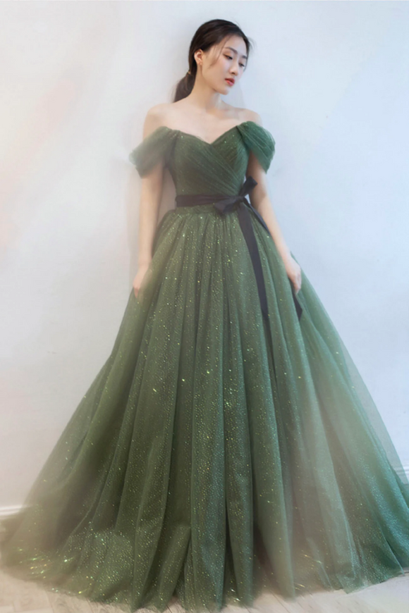 Green Tulle Long Prom Dresses, A Line Off the Shoulder Evening Dresses PFP2586