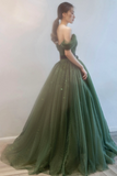 Green Tulle Long Prom Dresses, A Line Off the Shoulder Evening Dresses PFP2586