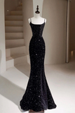 Simple Mermaid Velvet Sequin Black Long Prom Dress, Black Long Evening Dress PFP2587
