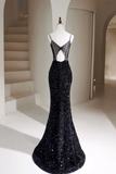 Simple Mermaid Velvet Sequin Black Long Prom Dress, Black Long Evening Dress PFP2587