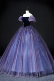 Lovely Velvet Tulle Long Prom Dress, Purple Off the Shoulder Evening Party Gown PFP2588
