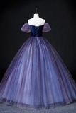 Lovely Velvet Tulle Long Prom Dress, Purple Off the Shoulder Evening Party Gown PFP2588