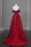 A Line Off Shoulder Tulle Lace Burgundy Long Prom Dress PFP2591
