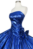 Vintage 80s Metallic Blue Prom Party Full Circle Skirt Dress  PFP2593