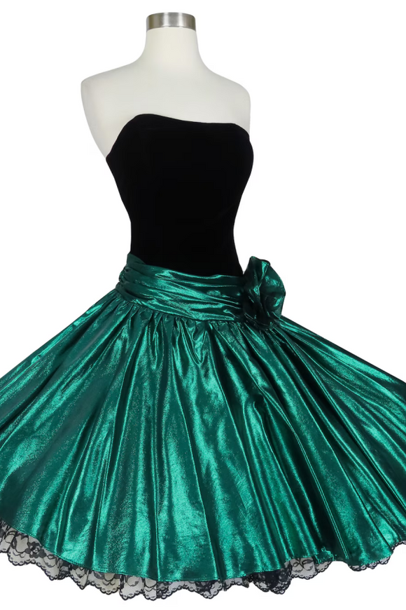 Vintage 80s Green Metallic Prom Party Dress PFP2597