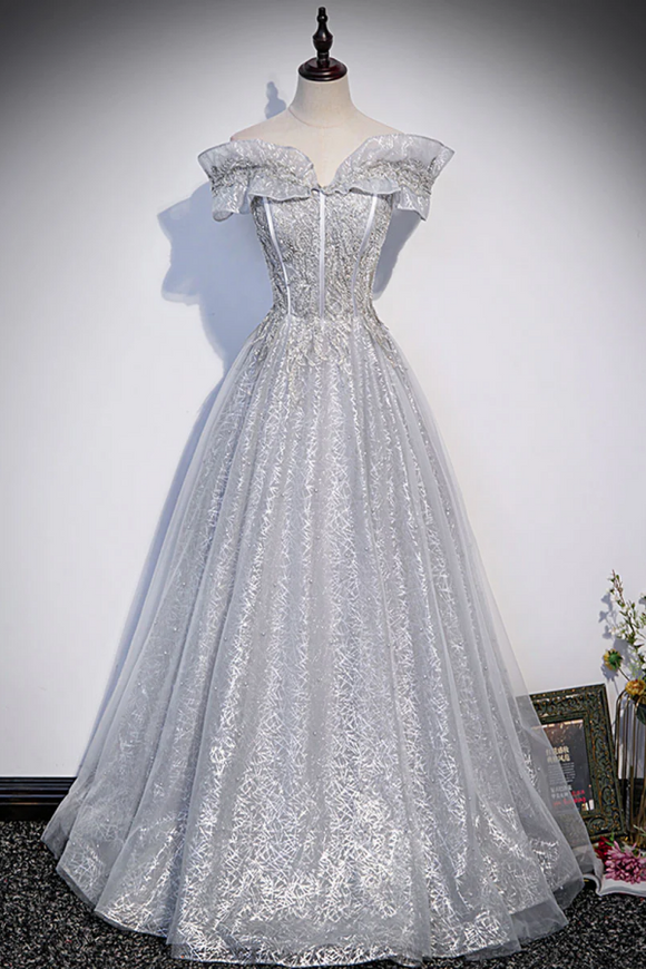 Gray tulle long prom dress, gray tulle formal dress PFP2601