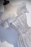 Gray tulle long prom dress, gray tulle formal dress PFP2601