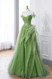 A Line Tulle Lace Green Long Prom Dress, Green lace Long Formal Dress PFP2603