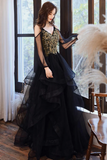 A Line V Neck Tulle Beads Black Long Prom Dress, Black Long Formal Dress PFP2604