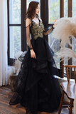 A Line V Neck Tulle Beads Black Long Prom Dress, Black Long Formal Dress PFP2604