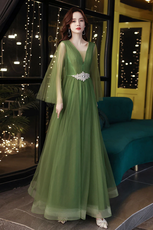 A Line V Neck Tulle Green Long Prom Dress, Green Formal Dress PFP2605