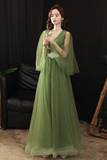 A Line V Neck Tulle Green Long Prom Dress, Green Formal Dress PFP2605