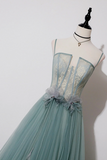 Green Lovely Tulle Straps Long A Line Prom Dresses, Green Evening Dresses PFP2607
