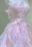 Princess Strapless Long Ball Gown Pink Ruffle Prom Dress, Organza Formal Gown PFP2608