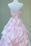 Princess Strapless Long Ball Gown Pink Ruffle Prom Dress, Organza Formal Gown PFP2608