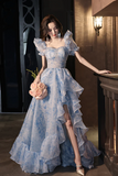 Pretty Light Blue Floral Short Sleeves Long Prom Dress, Light Blue Evening Dress PFP2611