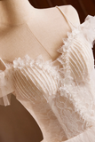 Ivory Spaghetti Strap Lace Beaded Party Dress, Ivory Floor Length A Line Prom Dress PFP2615
