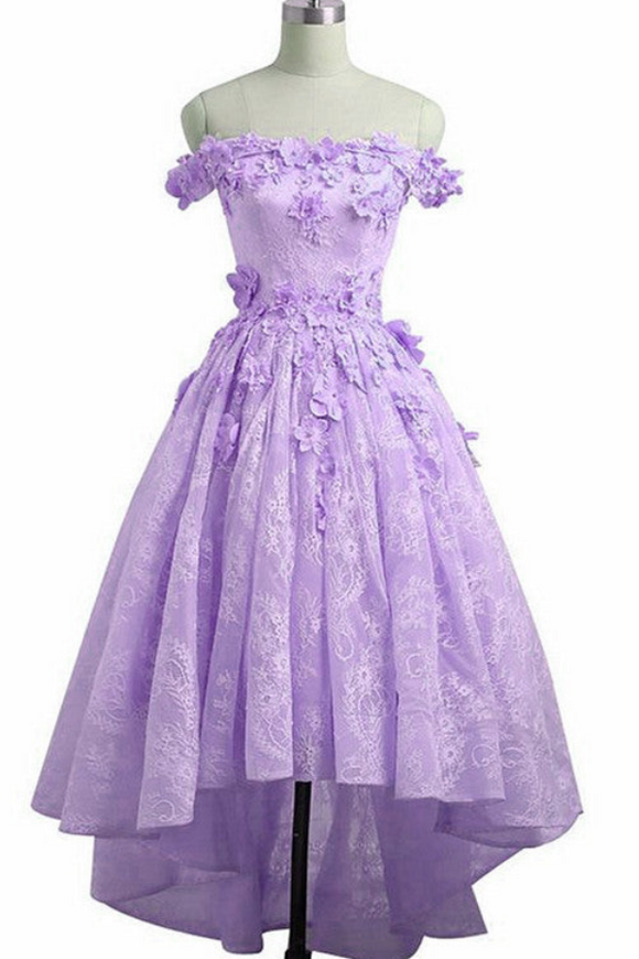 Cute Lace Light Purple High Low Homecoming Dress, Cute Sweetheart Prom Dress PFH0451