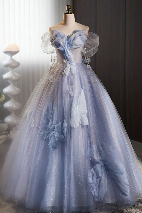 A Line Off Shoulder Tulle Flower Blue Long Prom Dress, Blue Long Formal Dress PFP2617