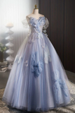A Line Off Shoulder Tulle Flower Blue Long Prom Dress, Blue Long Formal Dress PFP2617