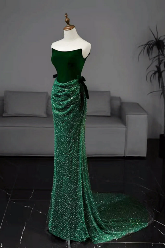 Mermaid Tulle Velvet Green Long Prom Dress, Green Long Formal Dress PFP2618