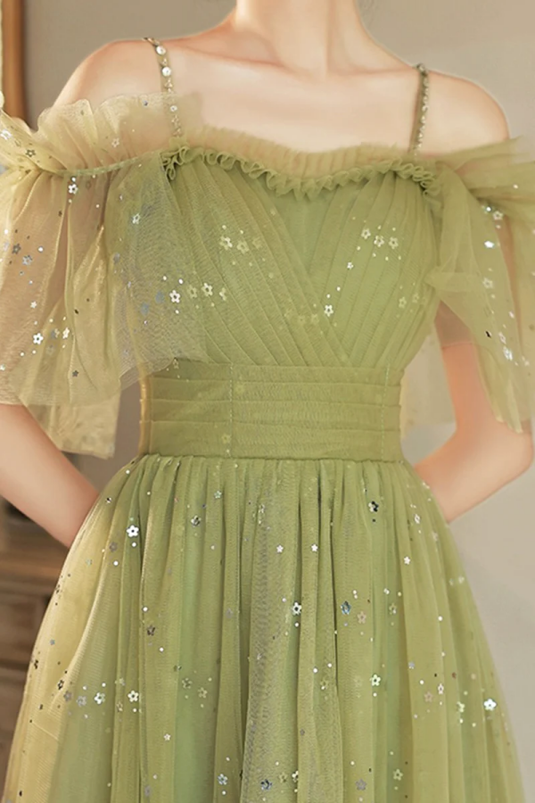 Green Spaghetti Strap Tulle Short Prom Dress, Charming Knee Length A L Promfast Green Spaghetti Strap Tulle Short Prom Dress, Charming Knee Length A L Promfast