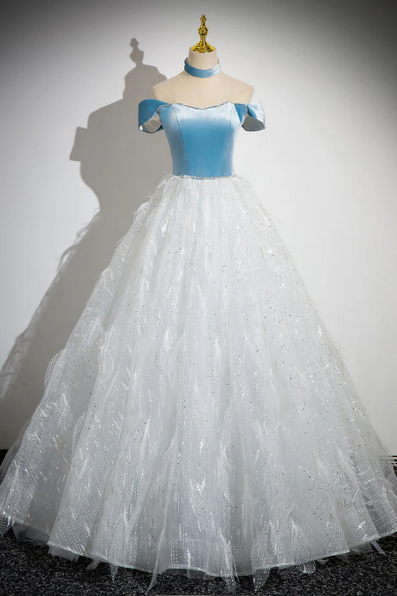 A Line Tulle Lace White Blue Long Prom Dress, White Blue Long Evening Dress PFP2624