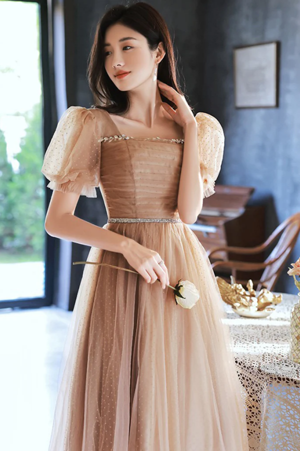 white christmas dresses A Line Champagne Tulle Short Prom Dress, Champagne Homecoming Dress PF –  Promfast