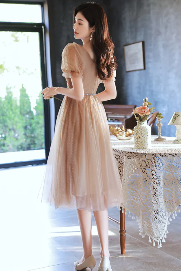A Line Champagne Tulle Short Prom Dress, Champagne Homecoming Dress PF –  Promfast