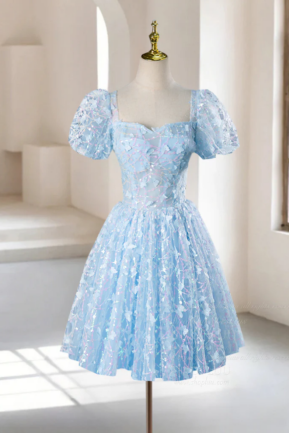 A Line Puff Sleeves Tulle Lace Blue Short Prom Dress, Blue Homecoming Promfast A Line Puff Sleeves Tulle Lace Blue Short Prom Dress, Blue Homecoming Promfast