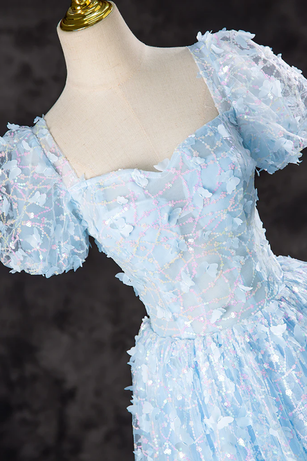 A Line Puff Sleeves Tulle Lace Blue Short Prom Dress, Blue Homecoming   Promfast